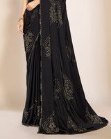 Vishal Prints Midnight Black Premium Satin Saree With Stone Diamond Work