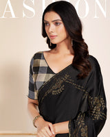Vishal Prints Midnight Black Premium Satin Saree With Stone Diamond Work