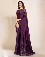 Vishal Prints Plum Purple Premium Satin Saree With Stone Diamond Work
