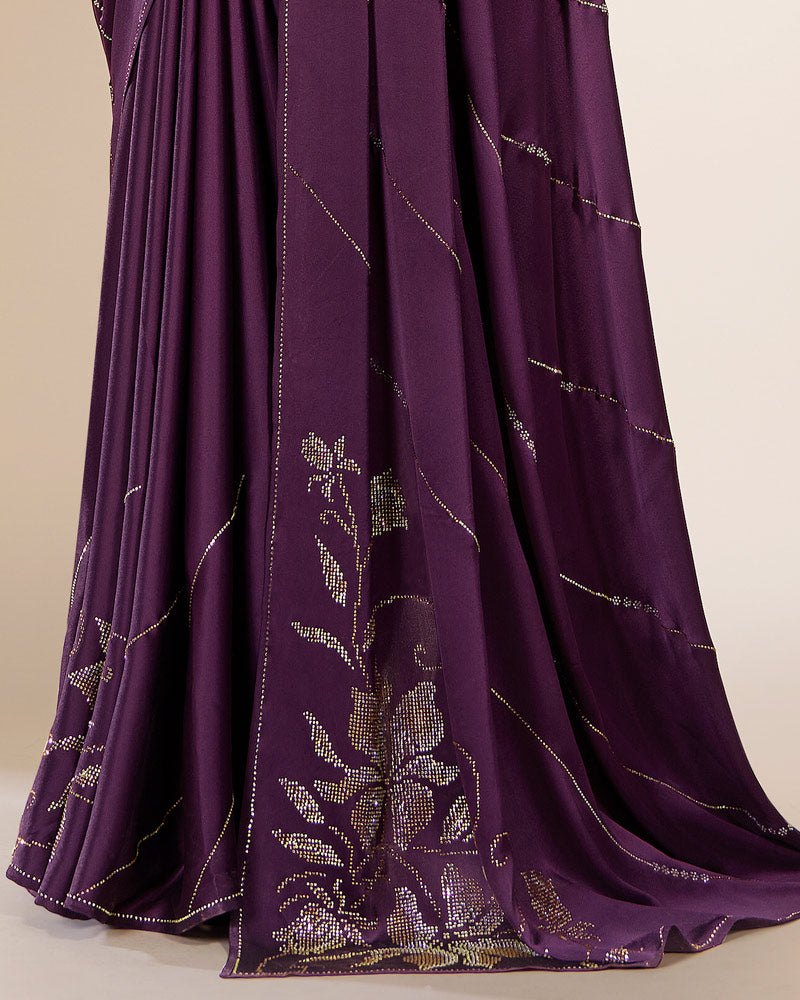 Vishal Prints Plum Purple Premium Satin Saree With Stone Diamond Work