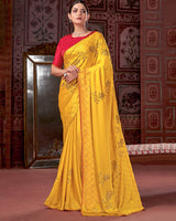 Vishal Prints Dark Yellow Premium Satin Saree With Stone Diamond Work