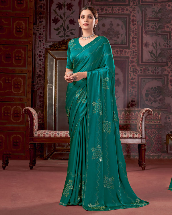Vishal Prints Rama Green Premium Satin Saree With Stone Diamond Work