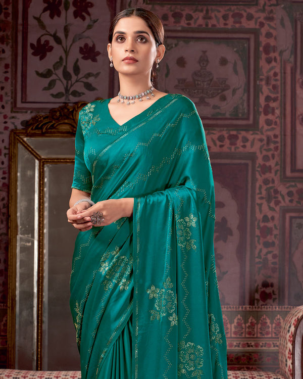Vishal Prints Rama Green Premium Satin Saree With Stone Diamond Work