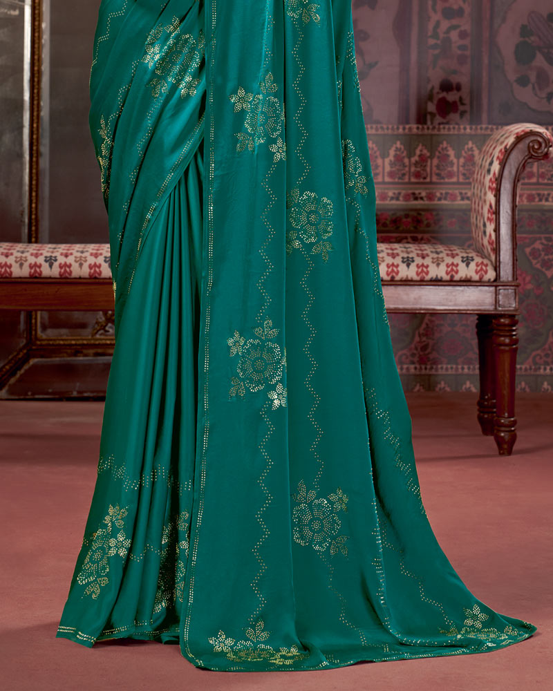 Vishal Prints Rama Green Premium Satin Saree With Stone Diamond Work