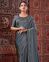 Vishal Prints Dark Grey Premium Satin Saree With Stone Diamond Work