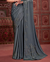 Vishal Prints Dark Grey Premium Satin Saree With Stone Diamond Work