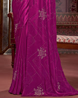Vishal Prints Dark Fuchsia Premium Satin Saree With Stone Diamond Work