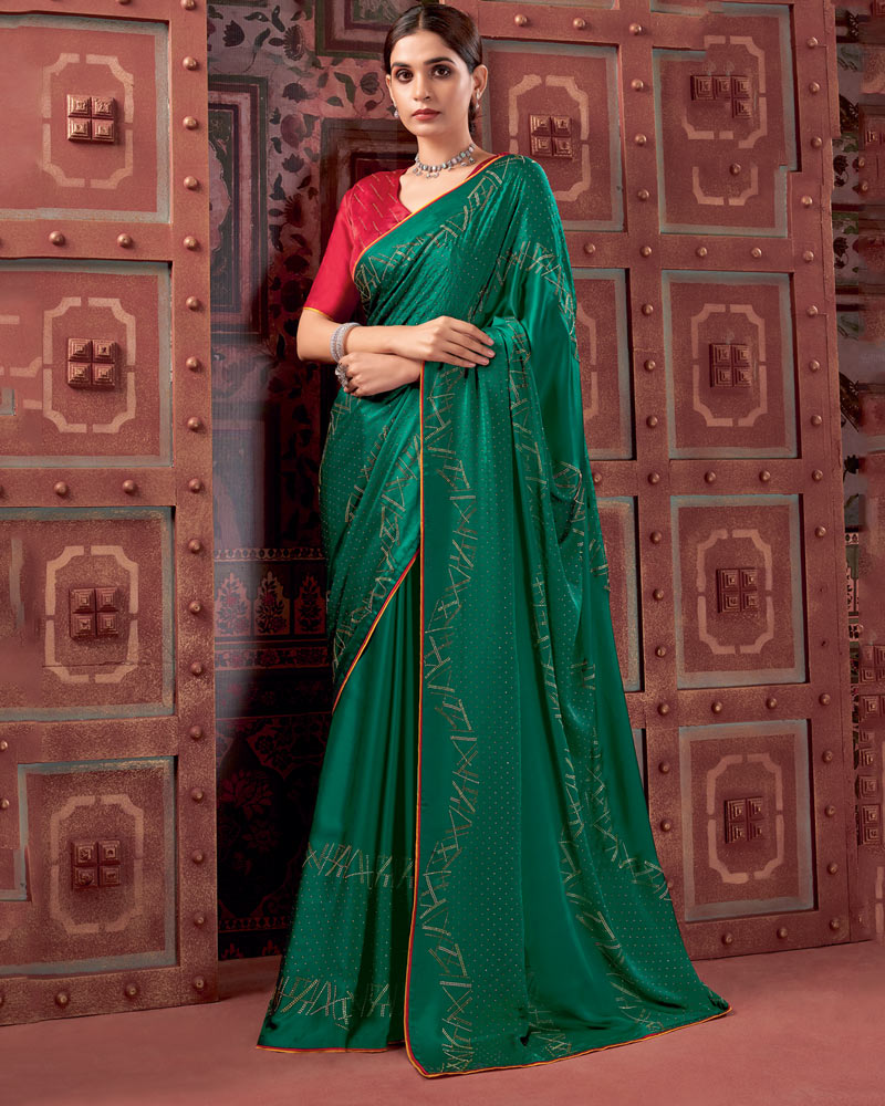 Vishal Prints Deep Sea Green Premium Satin Saree With Stone Diamond Work
