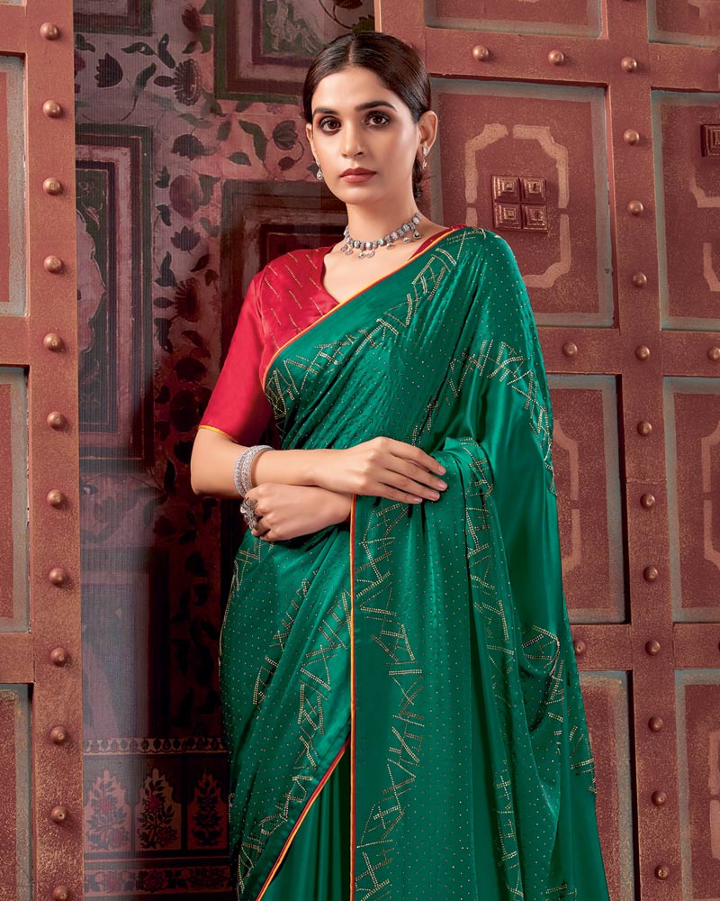 Vishal Prints Deep Sea Green Premium Satin Saree With Stone Diamond Work