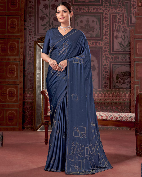 Vishal Prints Navy Blue Premium Satin Saree With Stone Diamond Work
