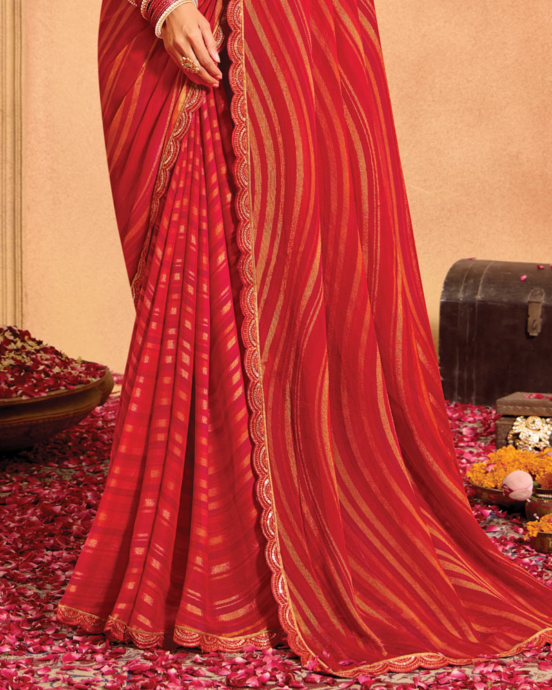 Vishal Prints Cherry Red Printed Brasso Saree With Embroidery Cut Work Border