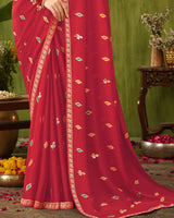 Vishal Prints Dark Red Printed Chiffon Saree With Foil Print And Zari Border