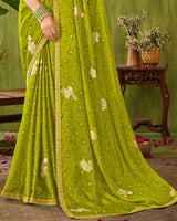 Vishal Prints Lucky Green Printed Chiffon Saree With Foil Print And Zari Border