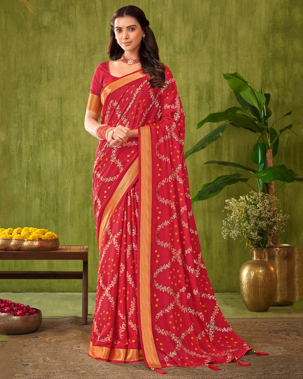 Vishal Prints Cherry Red Printed Chiffon Saree With Foil Print And Weaved Zari Patta