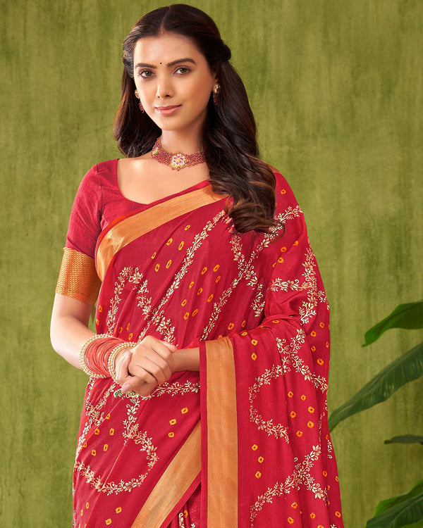 Vishal Prints Cherry Red Printed Chiffon Saree With Foil Print And Weaved Zari Patta