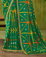 Vishal Prints Dark Sea Green Printed Chiffon Saree With Foil Print And Zari Border