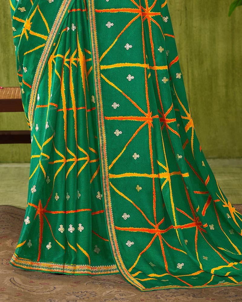 Vishal Prints Dark Sea Green Printed Chiffon Saree With Foil Print And Zari Border