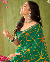 Vishal Prints Dark Sea Green Printed Chiffon Saree With Foil Print And Zari Border