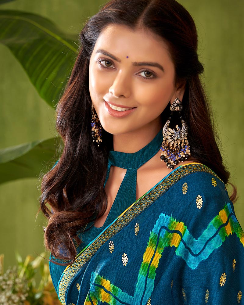 Vishal Prints Dark Teal Blue Printed Chiffon Saree With Foil Print And Zari Border