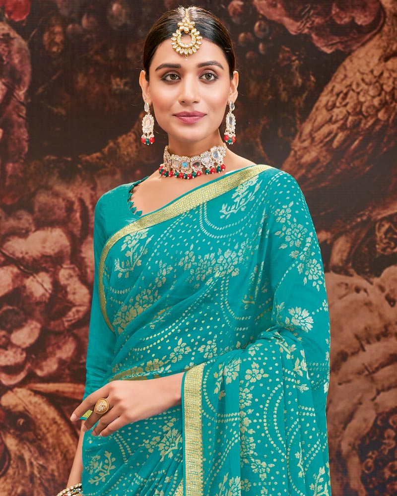 Vishal Prints Dark Turquoise Blue Printed Brasso Saree With Zari Border