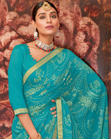 Vishal Prints Dark Turquoise Blue Printed Brasso Saree With Zari Border