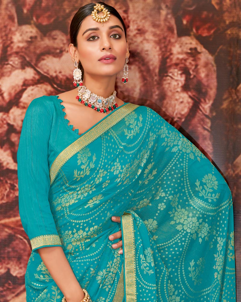Vishal Prints Dark Turquoise Blue Printed Brasso Saree With Zari Border