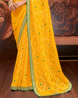 Vishal Prints Yellow Printed Brasso Saree With Zari Border