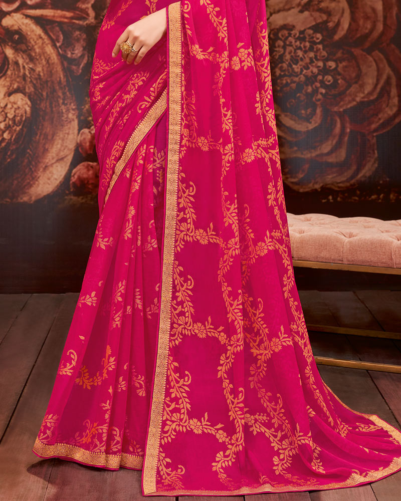 Vishal Prints Red Pink Printed Brasso Saree With Zari Border
