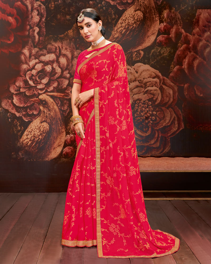 Vishal Prints Pinkish Red Printed Brasso Saree With Zari Border