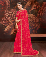 Vishal Prints Pinkish Red Printed Brasso Saree With Zari Border