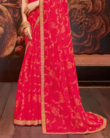 Vishal Prints Pinkish Red Printed Brasso Saree With Zari Border