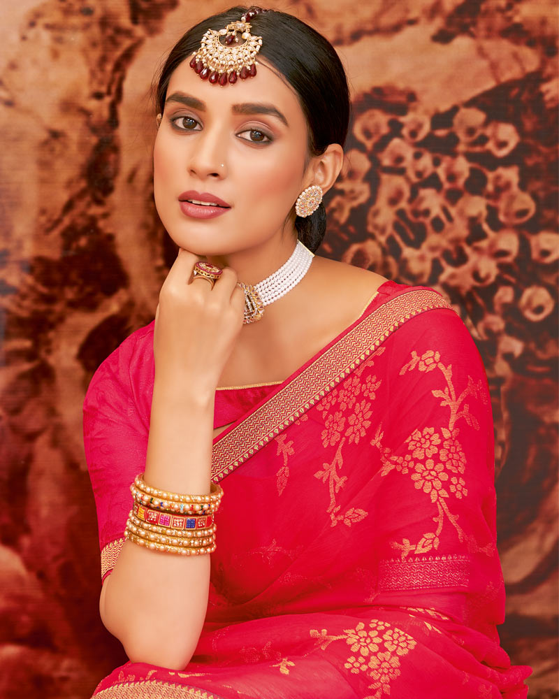 Vishal Prints Pinkish Red Printed Brasso Saree With Zari Border