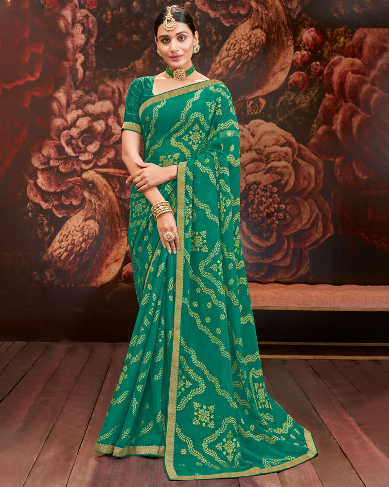 Vishal Prints Deep Sea Green Printed Brasso Saree With Zari Border