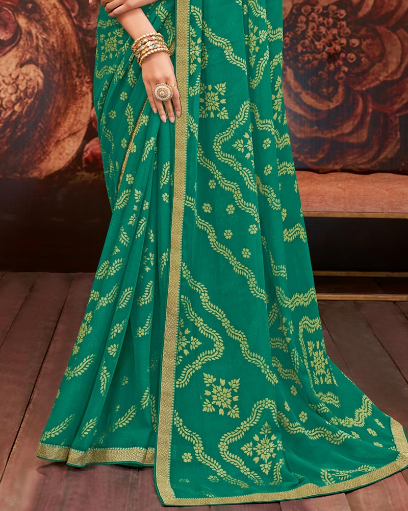 Vishal Prints Deep Sea Green Printed Brasso Saree With Zari Border
