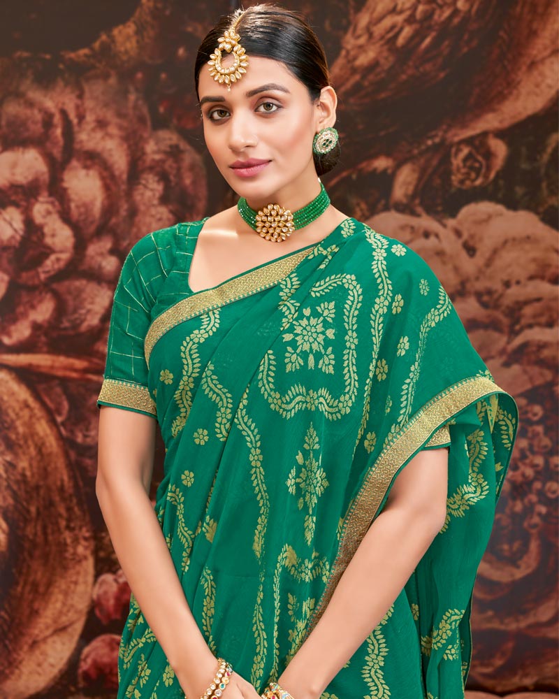 Vishal Prints Deep Sea Green Printed Brasso Saree With Zari Border