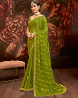Vishal Prints Olive Green Printed Brasso Saree With Zari Border