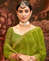 Vishal Prints Olive Green Printed Brasso Saree With Zari Border