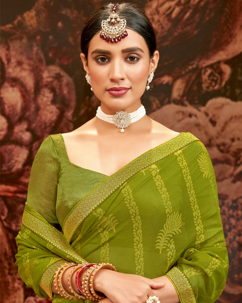 Vishal Prints Olive Green Printed Brasso Saree With Zari Border