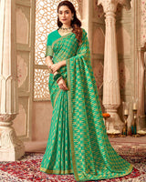 Vishal Prints Dark Mint Green Chiffon Brasso Saree With Zari Border