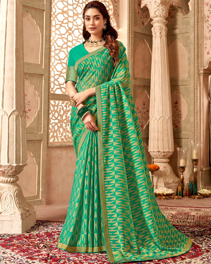 Vishal Prints Dark Mint Green Chiffon Brasso Saree With Zari Border