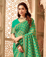 Vishal Prints Dark Mint Green Chiffon Brasso Saree With Zari Border