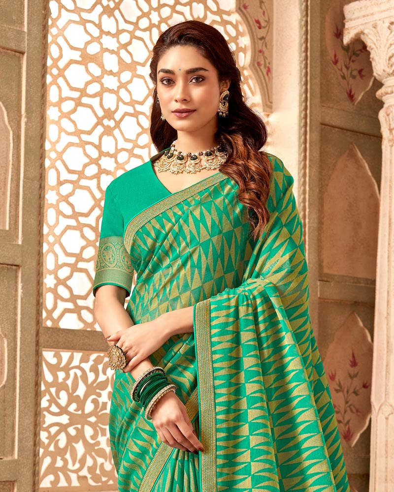 Vishal Prints Dark Mint Green Chiffon Brasso Saree With Zari Border