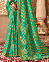 Vishal Prints Dark Mint Green Chiffon Brasso Saree With Zari Border