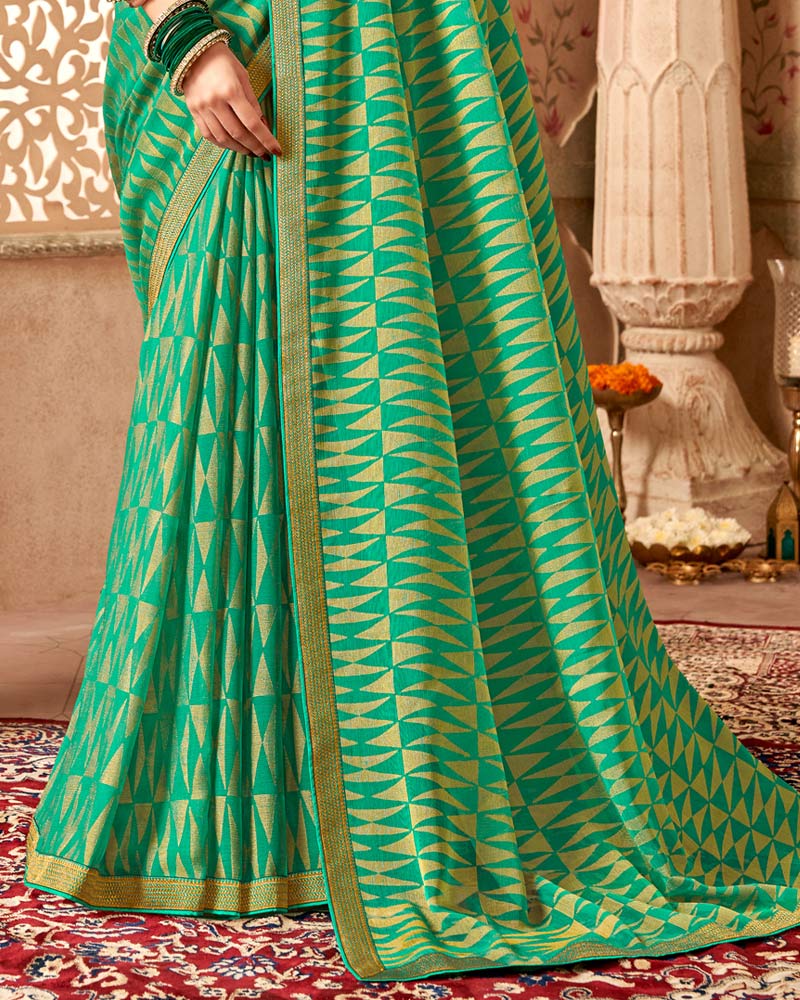 Vishal Prints Dark Mint Green Chiffon Brasso Saree With Zari Border