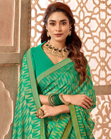 Vishal Prints Dark Mint Green Chiffon Brasso Saree With Zari Border