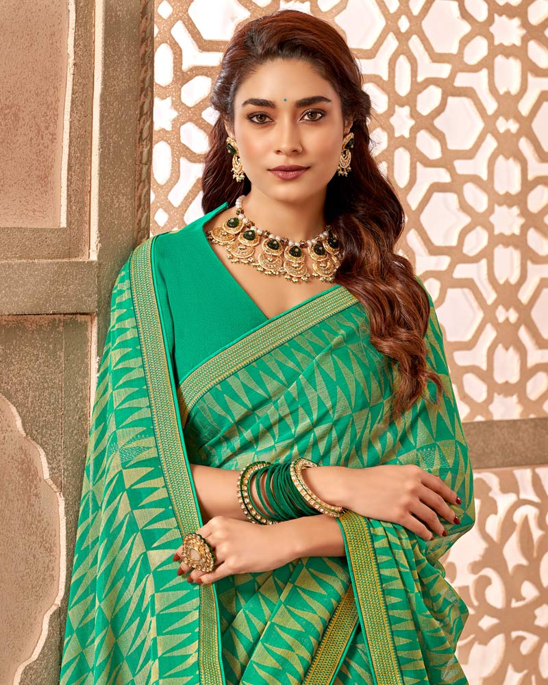 Vishal Prints Dark Mint Green Chiffon Brasso Saree With Zari Border