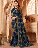 Vishal Prints Navy Blue Chiffon Brasso Saree With Zari Border