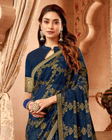Vishal Prints Navy Blue Chiffon Brasso Saree With Zari Border