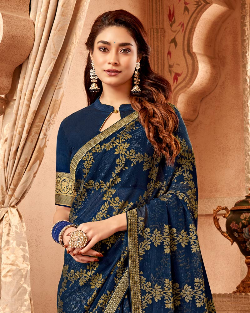 Vishal Prints Navy Blue Chiffon Brasso Saree With Zari Border