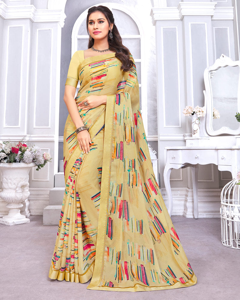 Vishal Prints Light Brown Printed Chiffon Saree With Fancy Border
